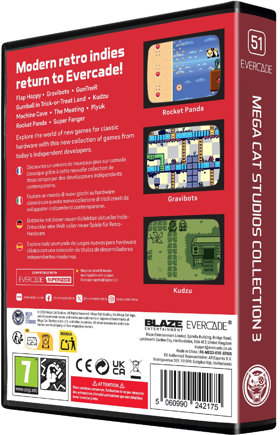 Opakowanie Evercade z grami Rocket Panda, Gravibots i Kudzu.