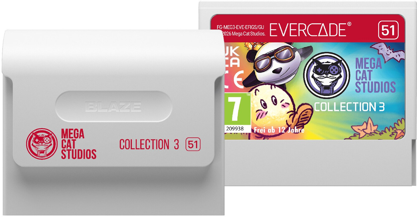 Wkład do gry Evercade z grafiką pandy i nietoperza. Jeden jest biały.