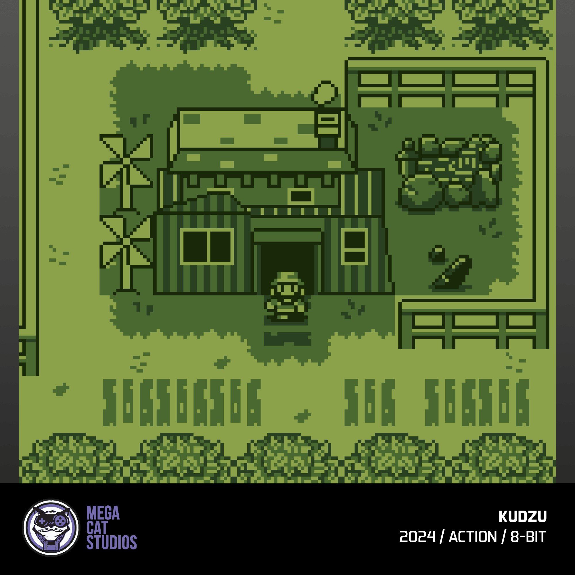 Scena gry 8-bitowej z domem, wiatrakami i postacią.