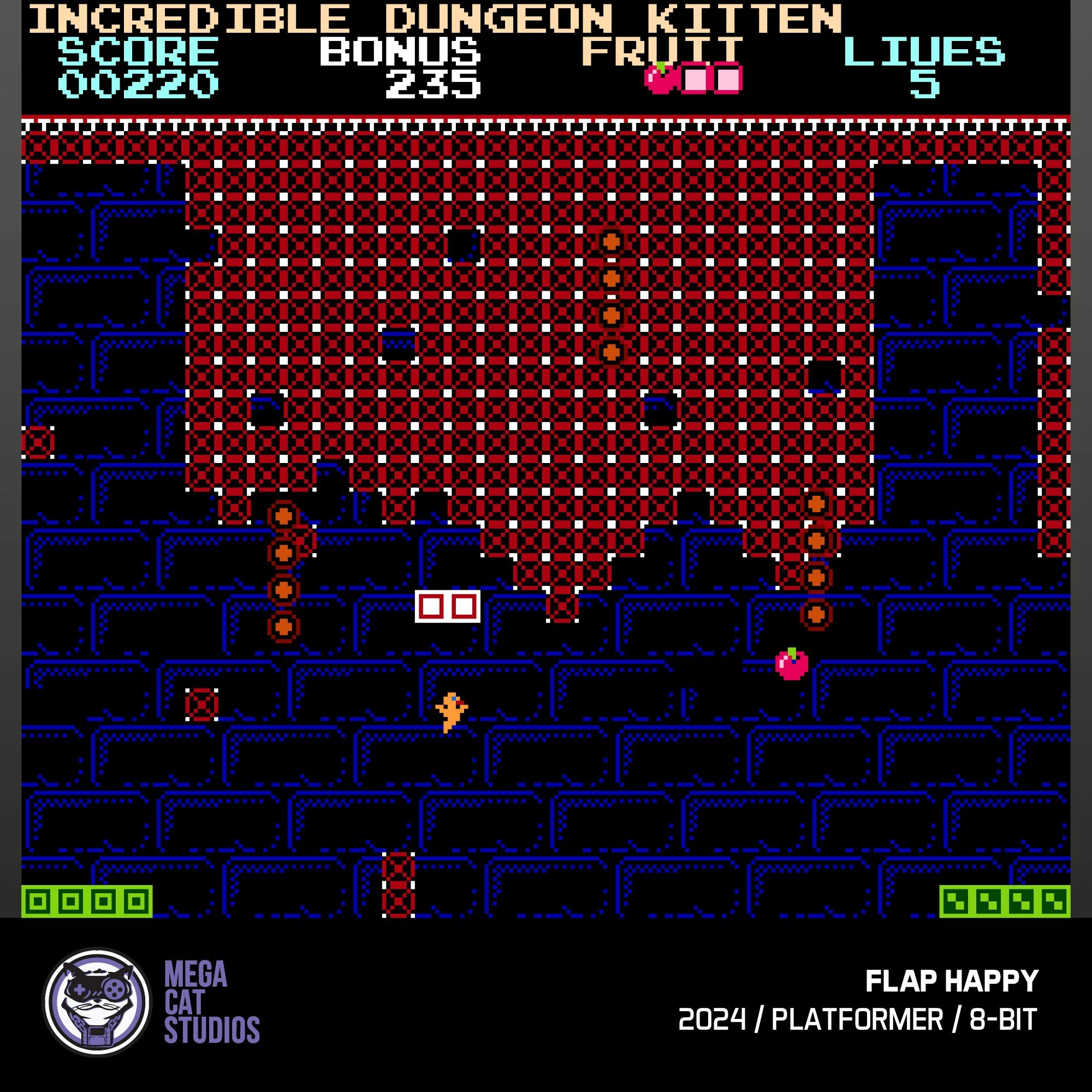 Pikselowa scena gry z pomarańczową postacią, czerwonymi i niebieskimi blokami, owocami i tekstem.