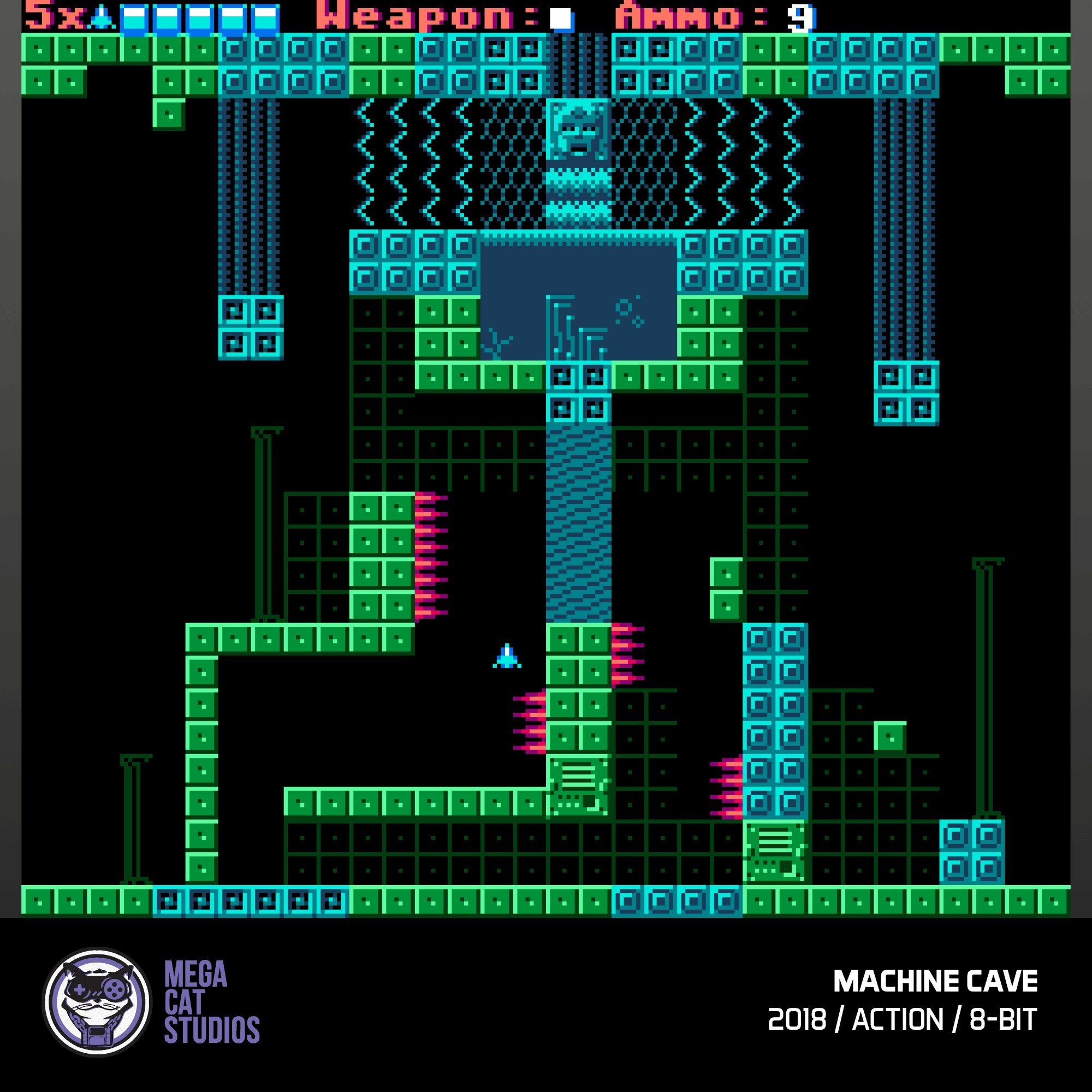 Scena gry 8-bitowej z zielonymi i niebieskimi blokami, statkiem kosmicznym i tekstem.