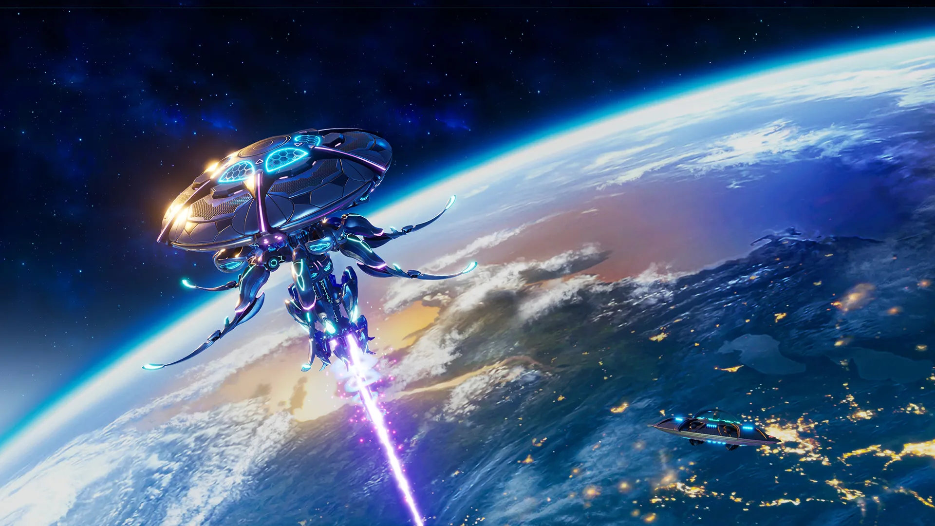 Statek kosmiczny obcych strzela wiązką w Ziemię; w pobliżu leci mniejszy statek.