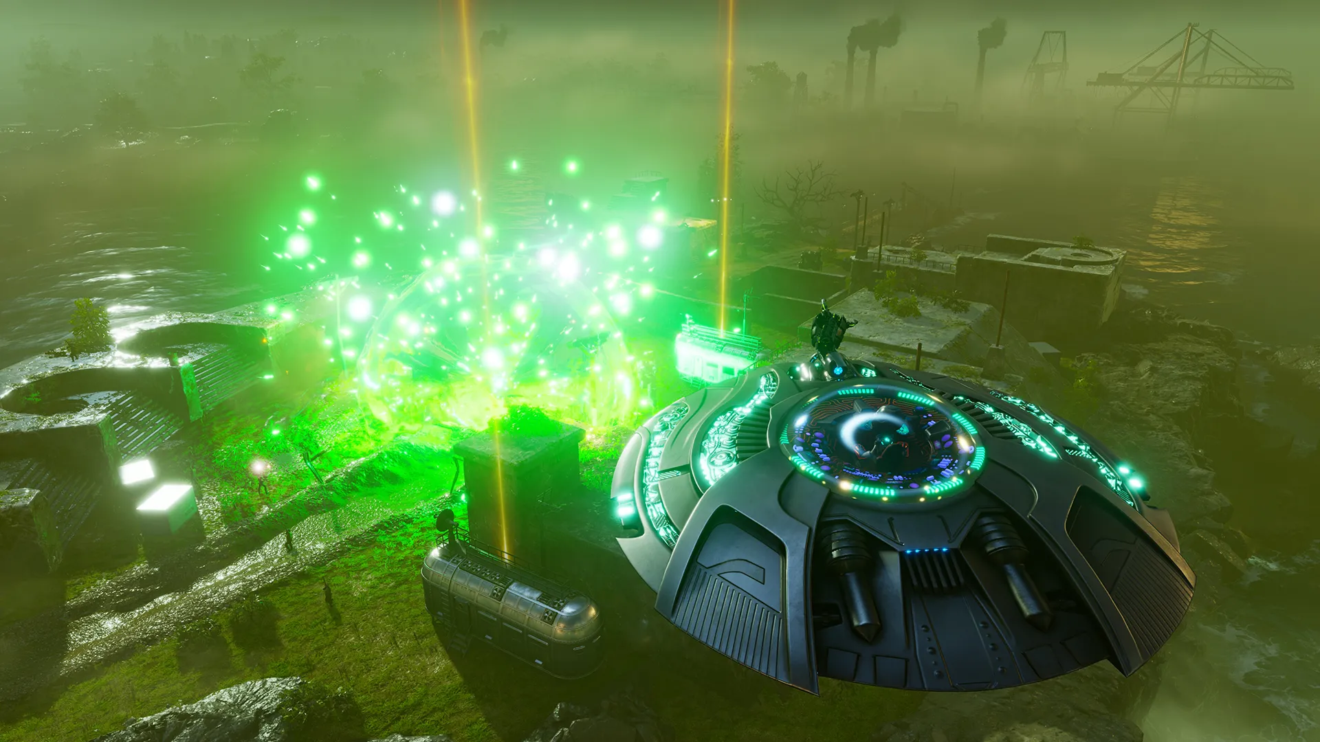 Niezidentyfikowany obiekt latający unosi się nad obszarem przemysłowym z zielonymi promieniami i światłami.