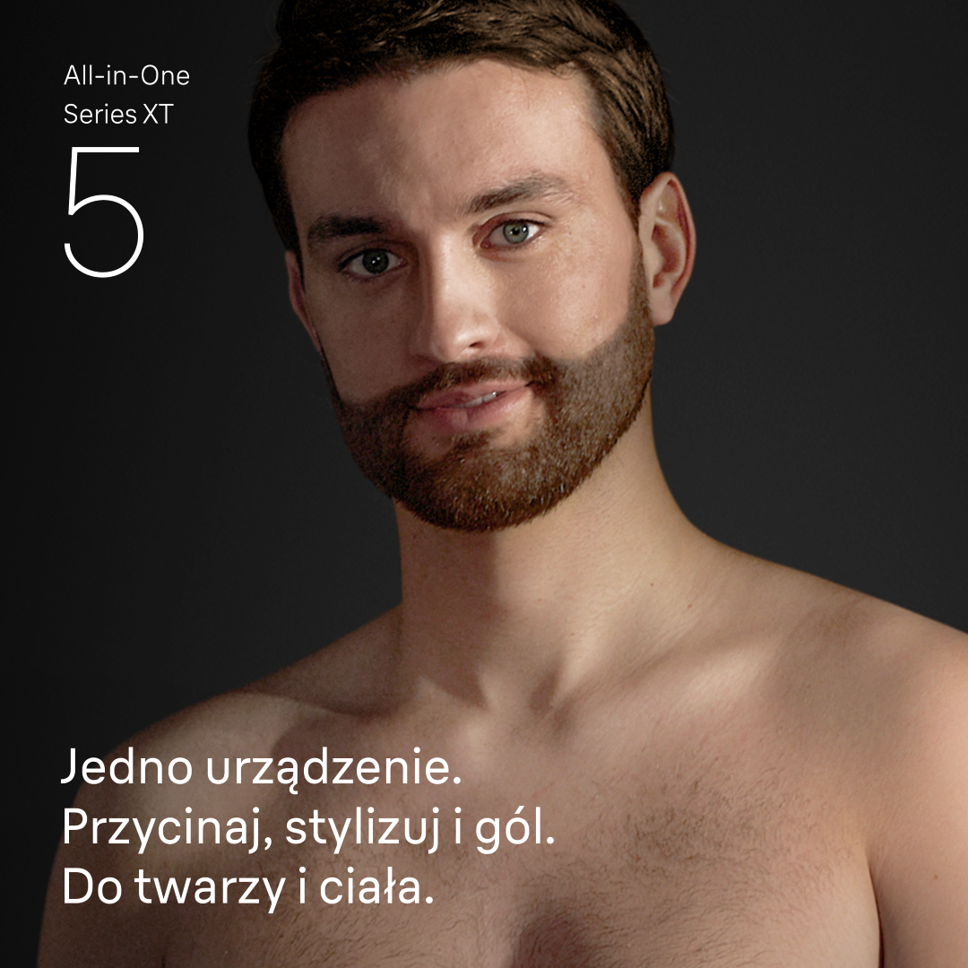 Mężczyzna z brodą i ciemnym tłem. "All-in-One Series XT 5".