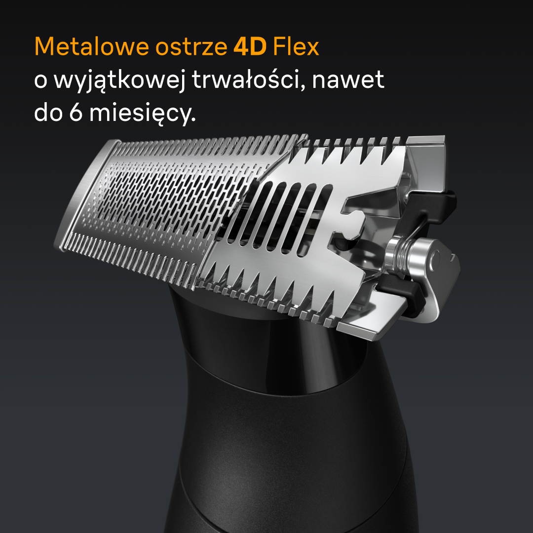 Zbliżenie srebrnej głowicy golarki 4D Flex z precyzyjnymi zębami na czarnym uchwycie.