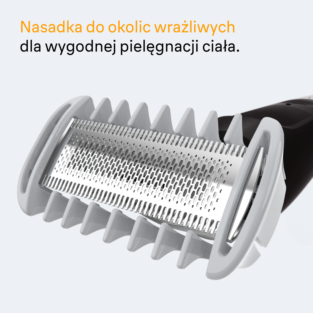 Zbliżenie nasadki trymera z srebrną metalową kratką i białymi ząbkami.