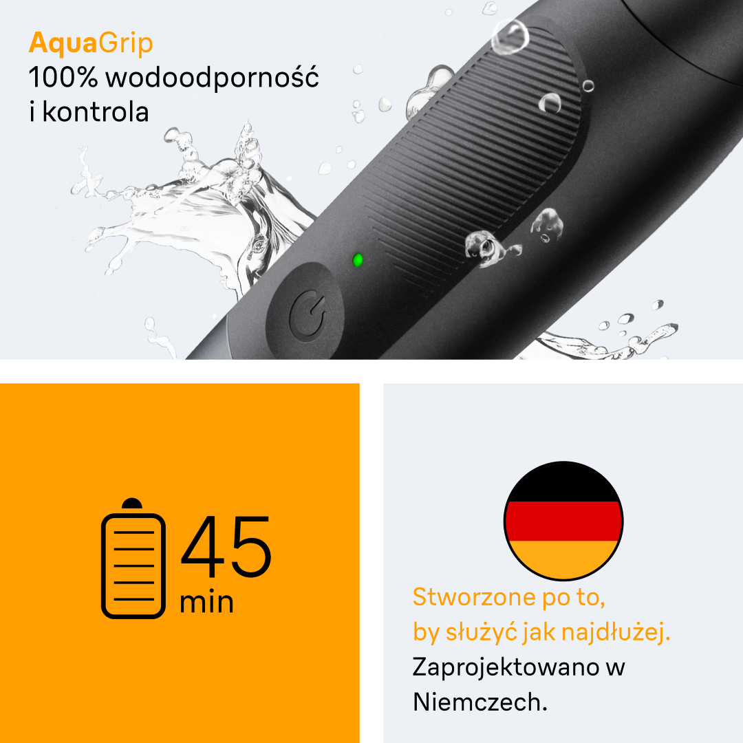 Golarka AquaGrip z 45 min baterii, wodoodporna. Zaprojektowana w Niemczech.