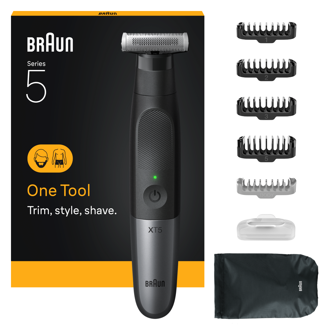 Trymer Braun Serii 5 z nasadkami, kablem ładującym i etui.