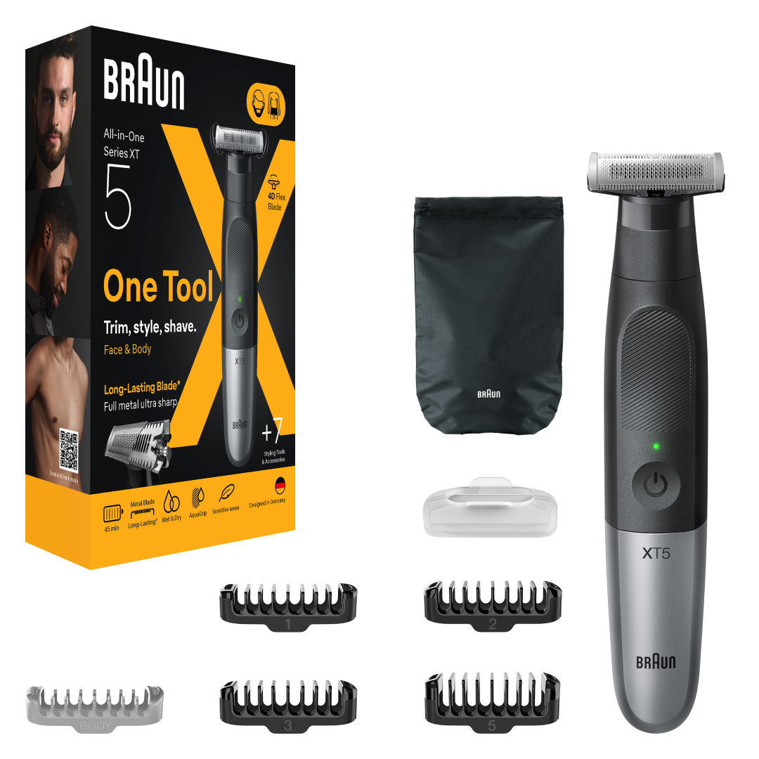 Trymer Braun Series XT5 All-in-One z akcesoriami: trymer, woreczek, nasadki, grzebienie.