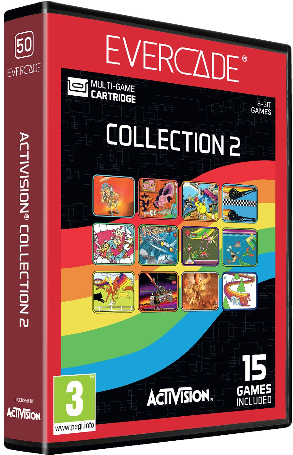Pudełko Evercade Collection 2 z 15 grami 8-bitowymi i logo Activision.