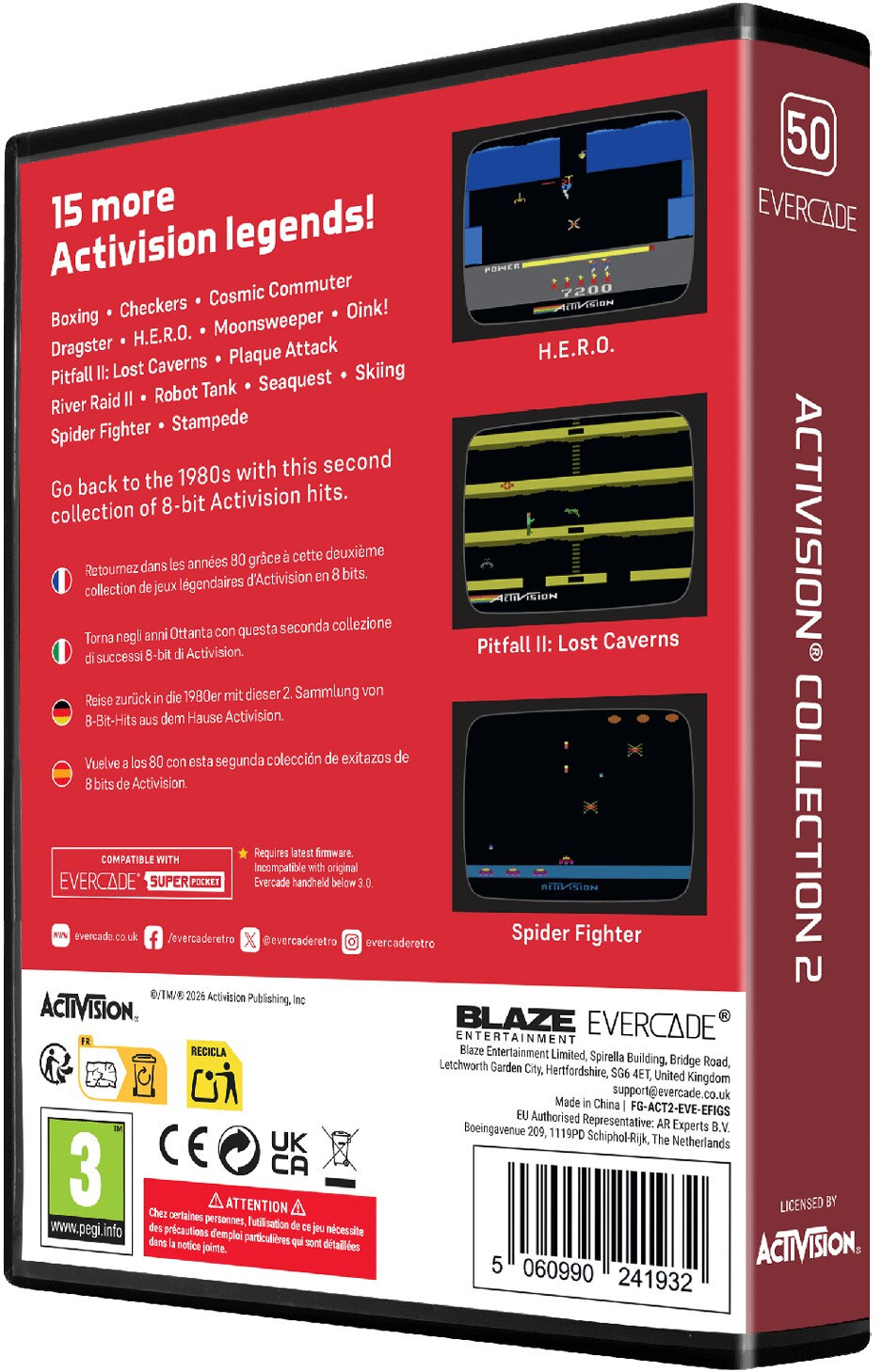 Tył pudełka gry Evercade z listą tytułów, zrzutami ekranu i logo.