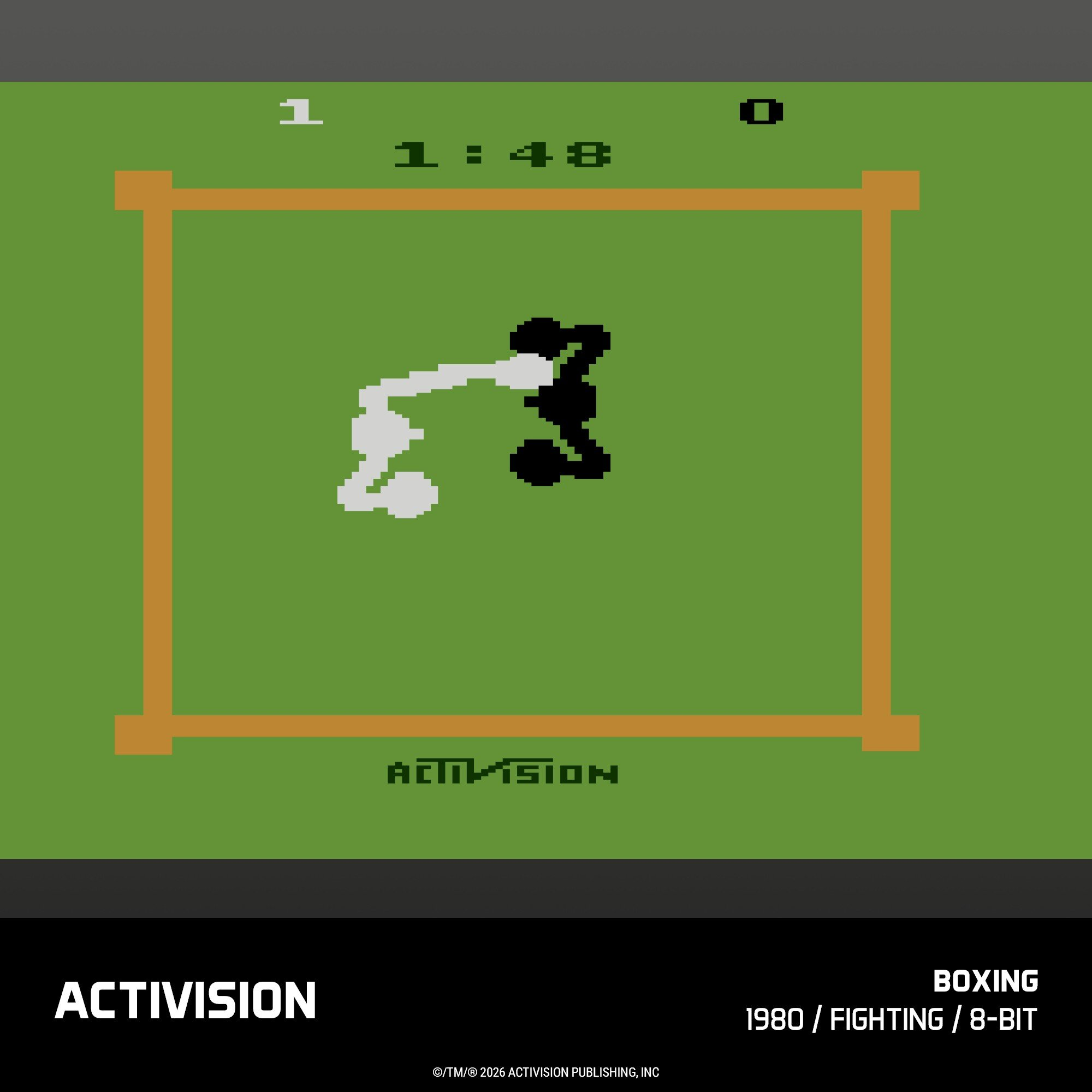 Gra bokserska w stylu 8-bit z dwoma pikselowymi bokserami na ringu. Wynik 1:48.