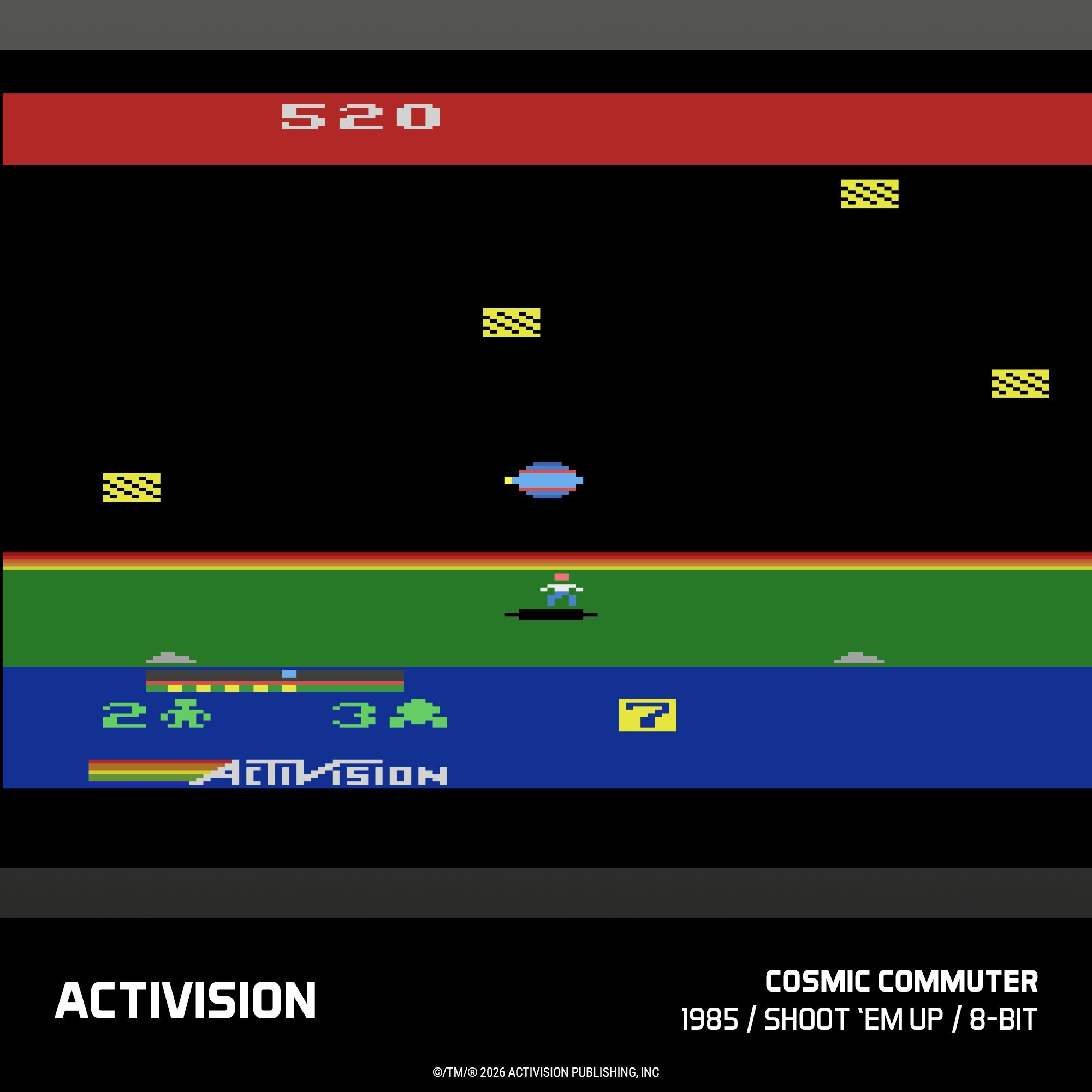 Ekran gry 8-bitowej pokazuje postać na zielonej ziemi, z pojazdem kosmicznym nad nią.