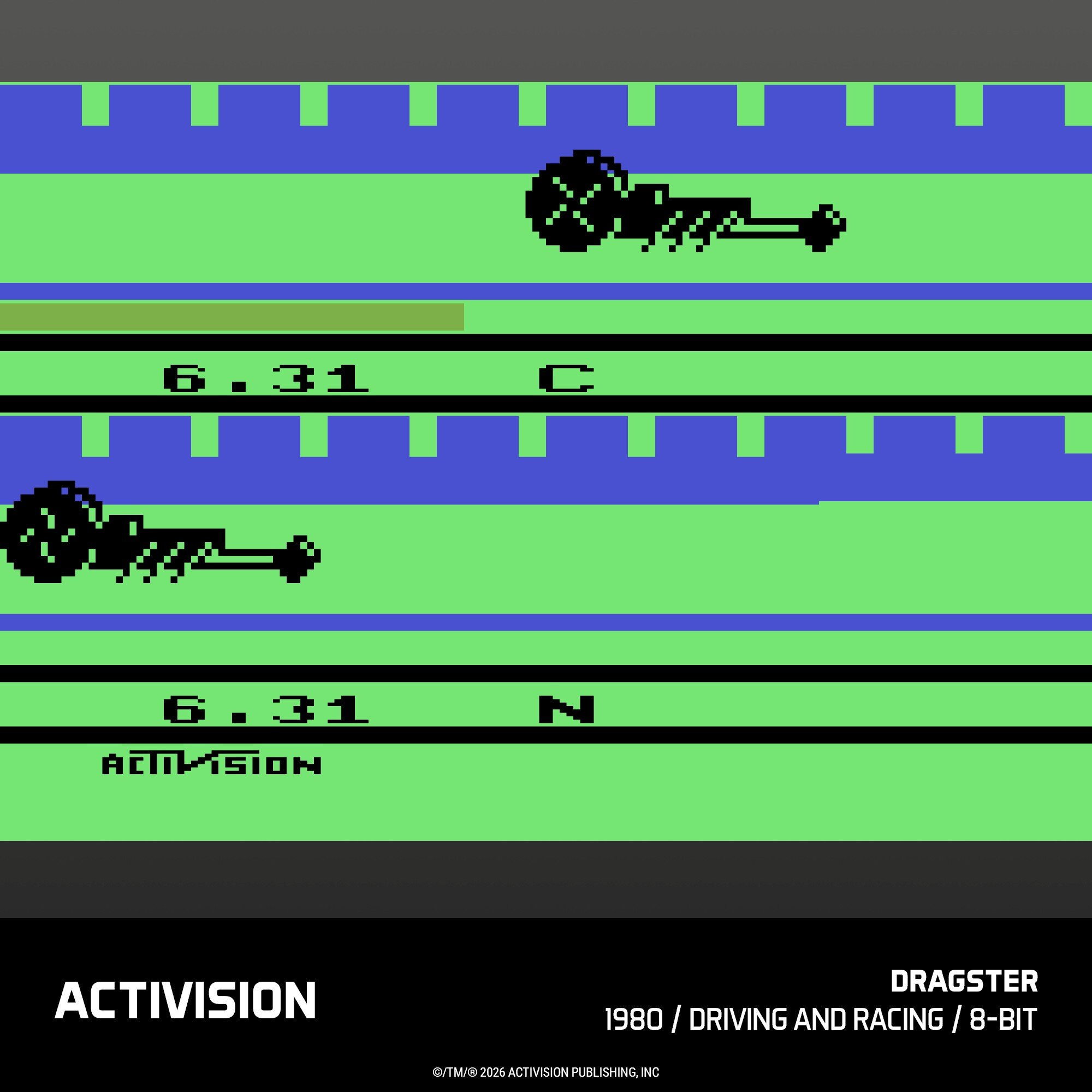 Gra wyścigowa 8-bitowa z dwoma samochodami, czas 6.31, logo Activision.