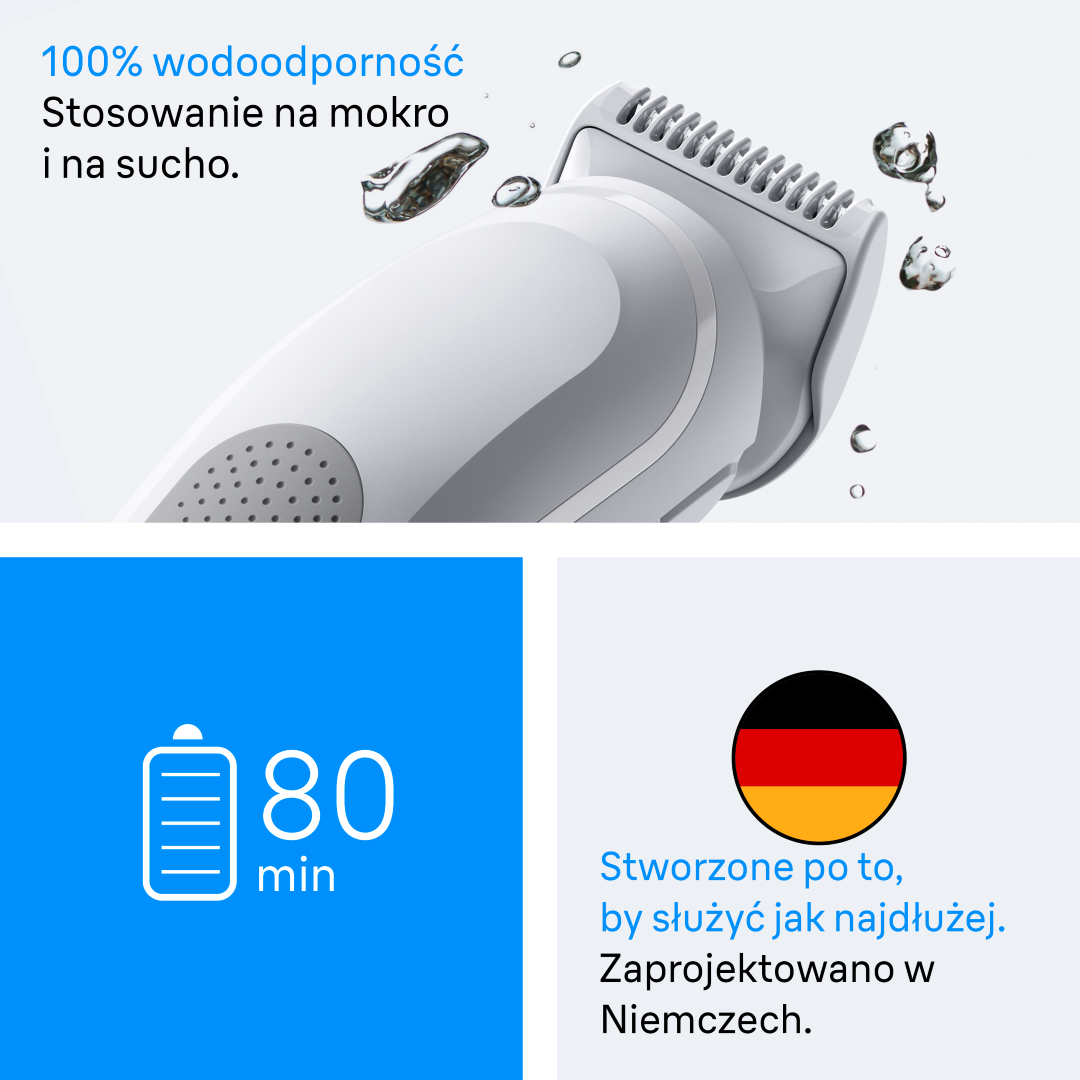 Wodoodporna maszynka z 80 min baterii, zaprojektowana w Niemczech.