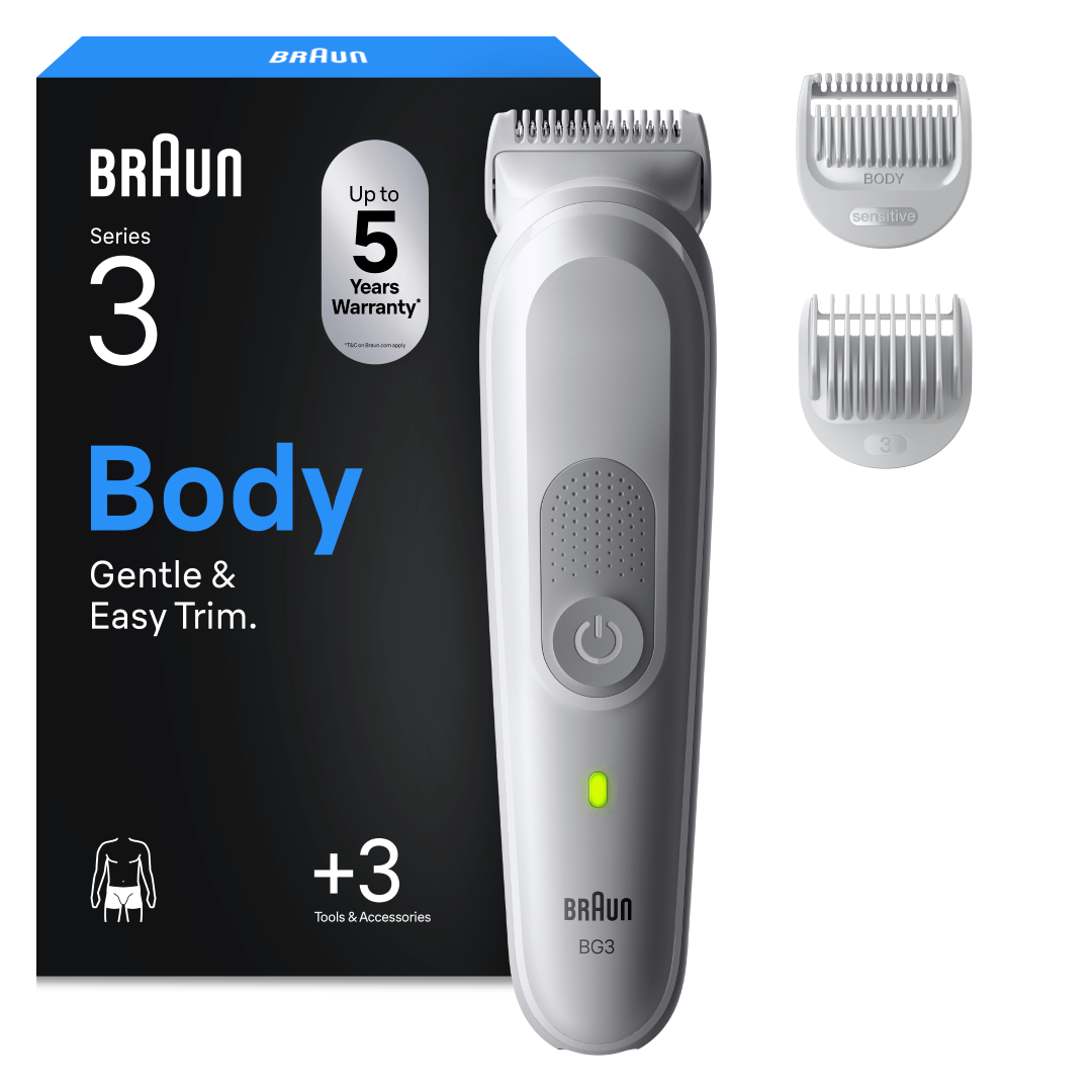 Trymer do ciała Braun Seria 3 z akcesoriami i opakowaniem.