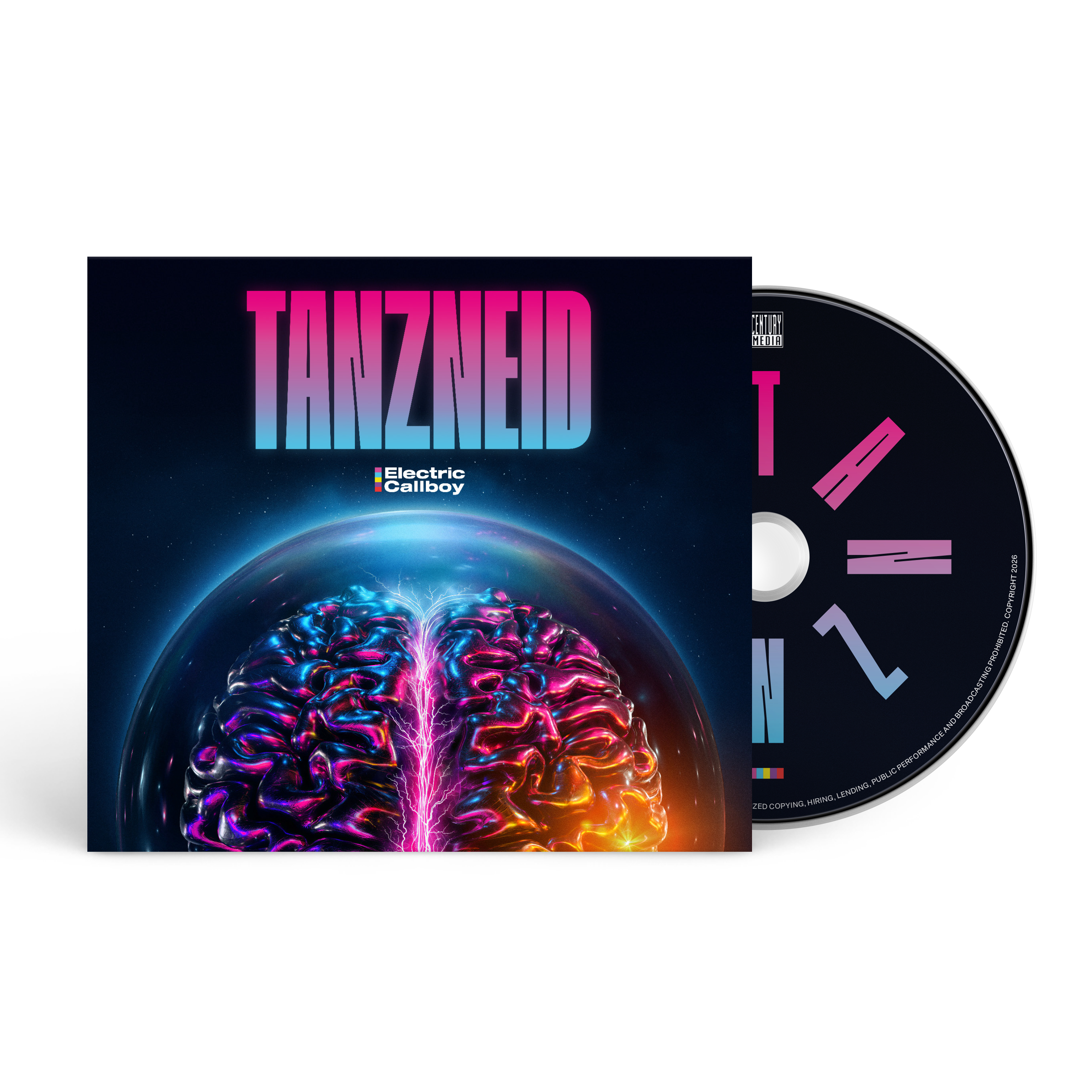 CD-Cover und CD mit pulsierendem Gehirn und dem Titel TANZNEID von Electric Callboy.
