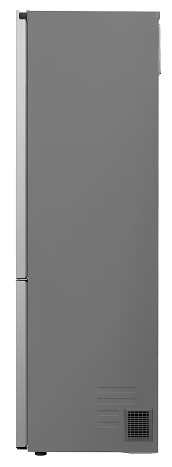 Szara lodówka z boku, z srebrną rączką i otworami wentylacyjnymi na dole.