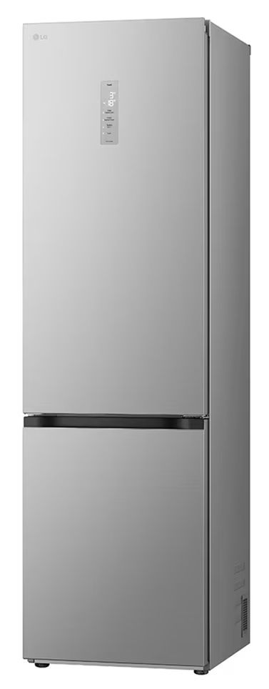 Srebrna lodówka LG z dwojgiem drzwi i cyfrowym wyświetlaczem.