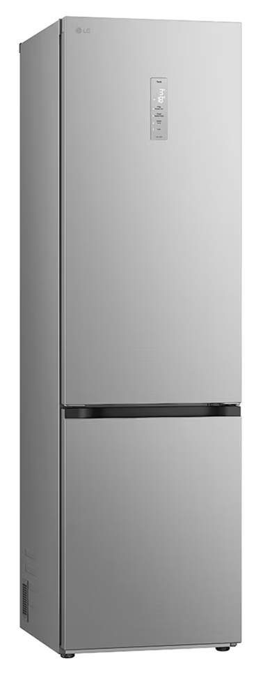 Srebrna lodówka LG z dwojgiem drzwi, cyfrowym wyświetlaczem na górze.