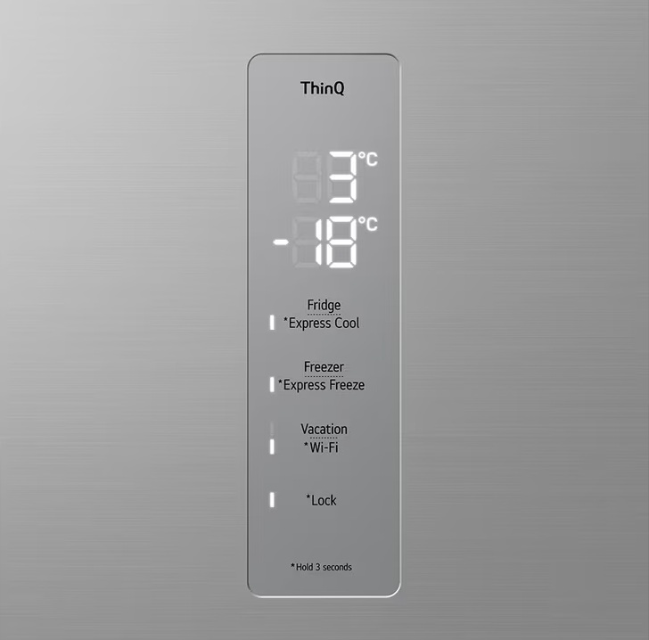 Wyświetlacz lodówki pokazuje 3°C i -18°C, z opcjami jak Express Cool.