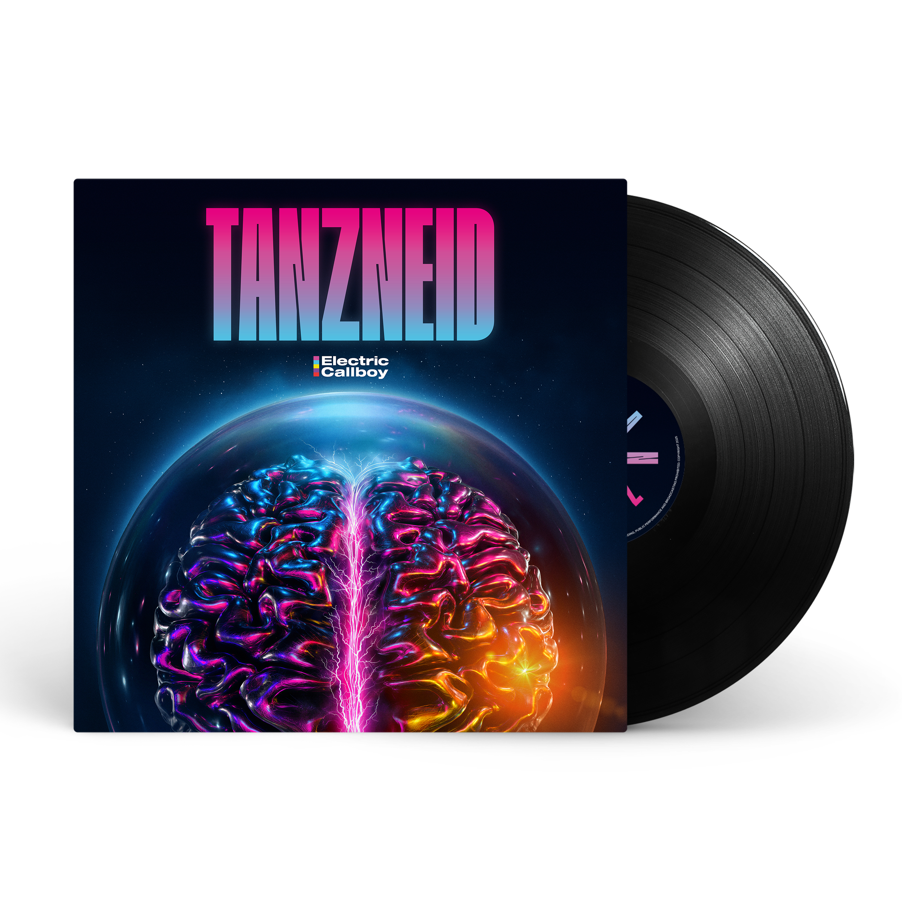 Schwarze Schallplatte mit Albumcover: bunter Gehirn-Grafik und Titel TANZNEID.