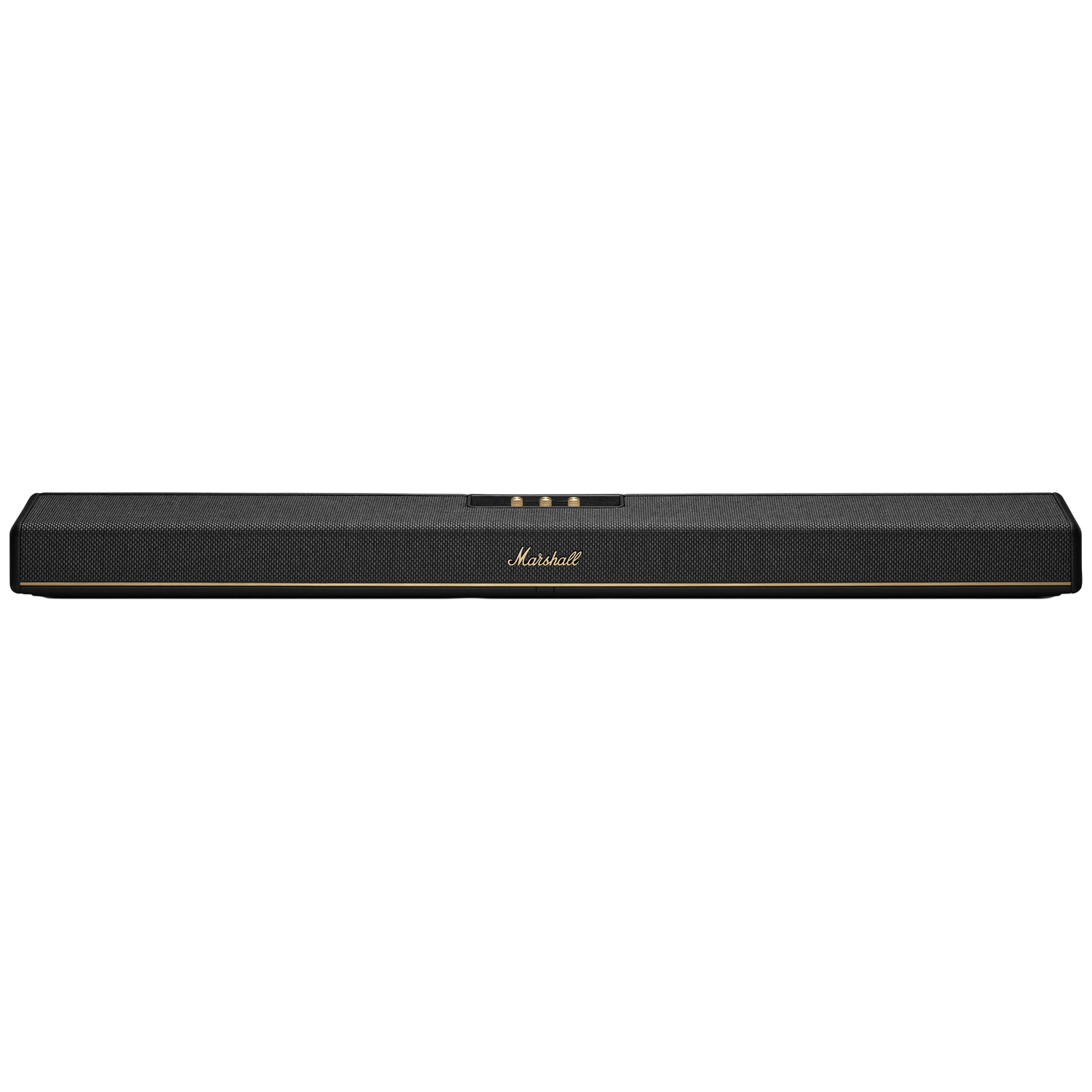 Zwarte Marshall speaker met gouden accenten en bedieningselementen.