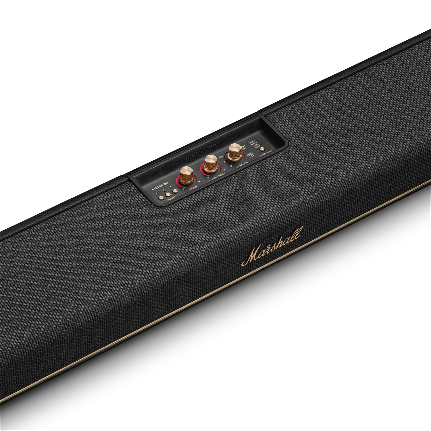Zwarte Marshall soundbar met gouden accenten en bedieningsknoppen aan de bovenkant.
