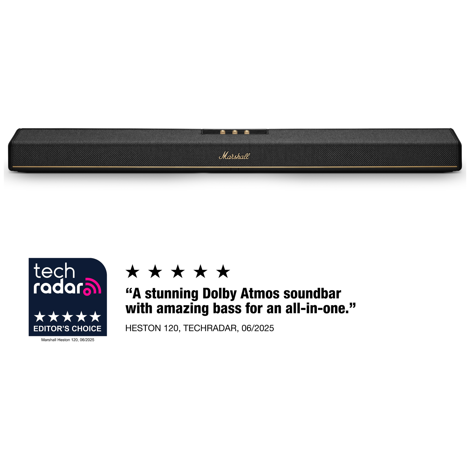 Zwarte Marshall Heston 120 soundbar met gouden accenten en TechRadar review.