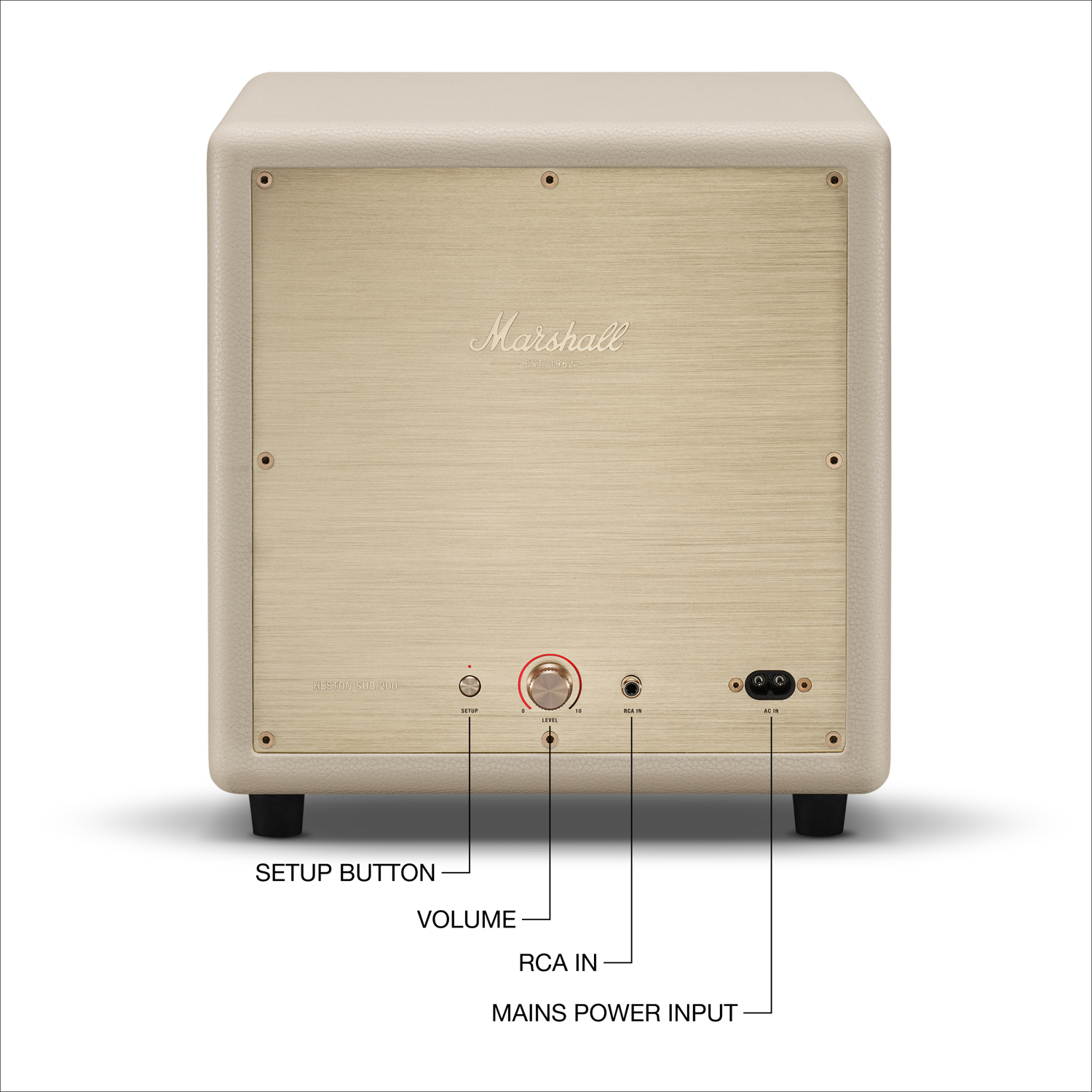 Marshall Heston Sub 200 back panel: setup, volume, RCA in, AC in.