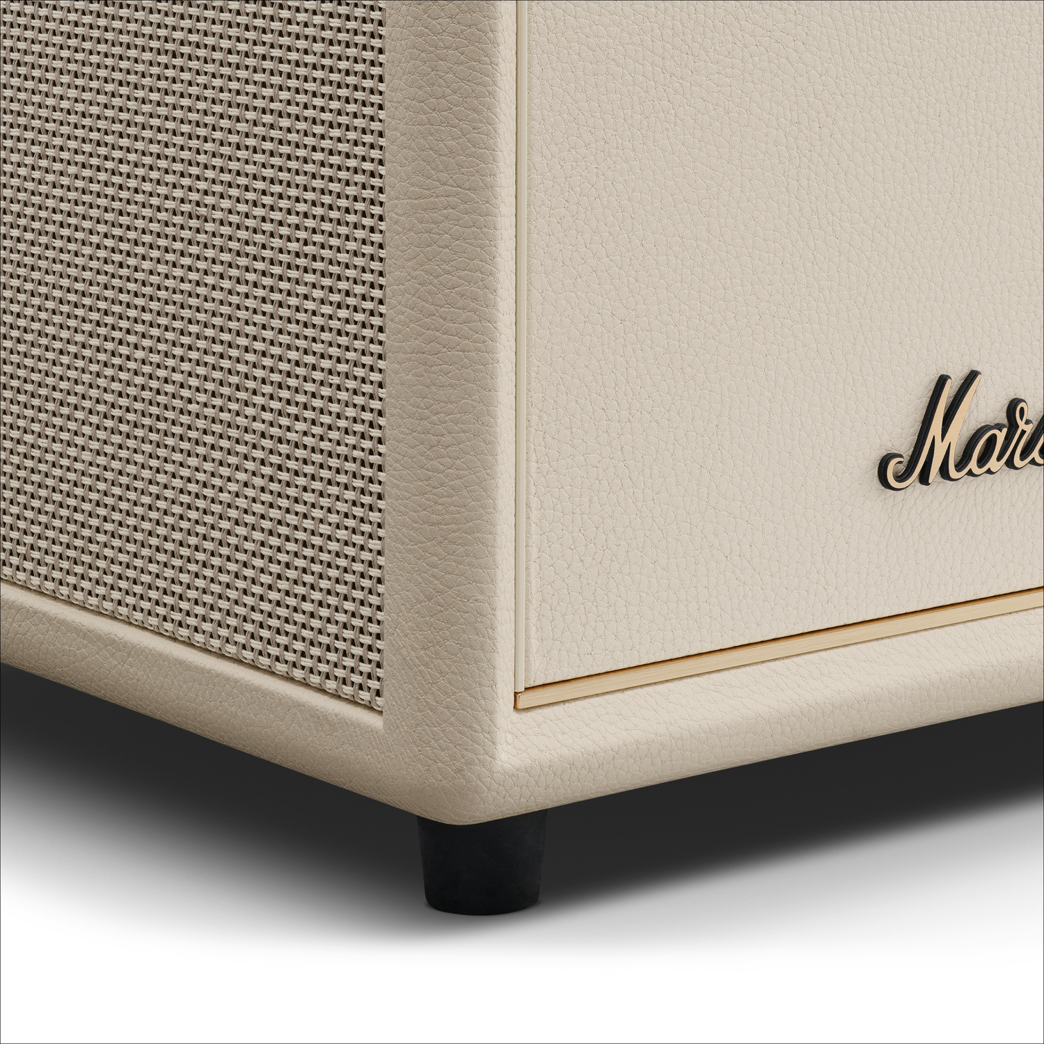 A beige Marshall amp with a fabric grille and a gold stripe detail.