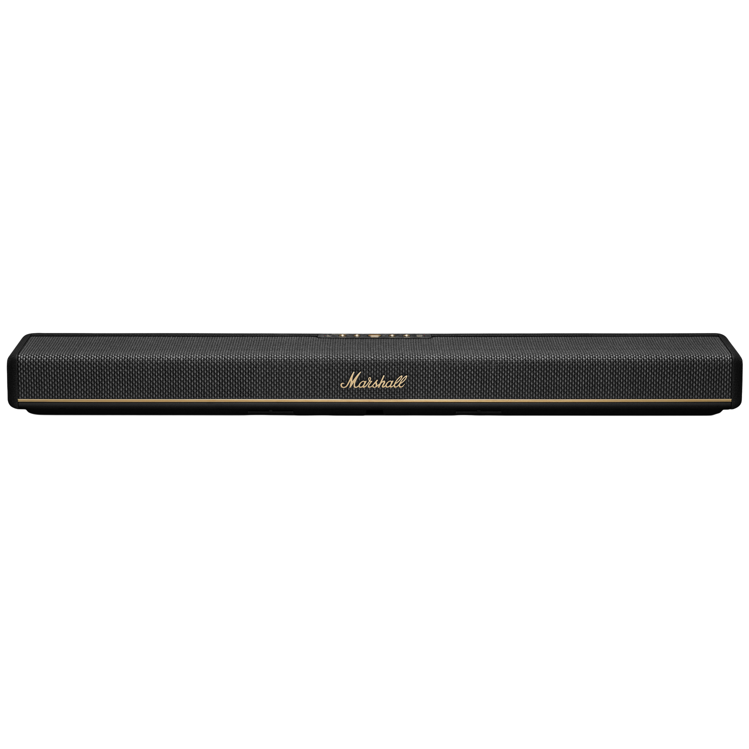 Zwarte Marshall speaker met gouden letters en stoffen grill.