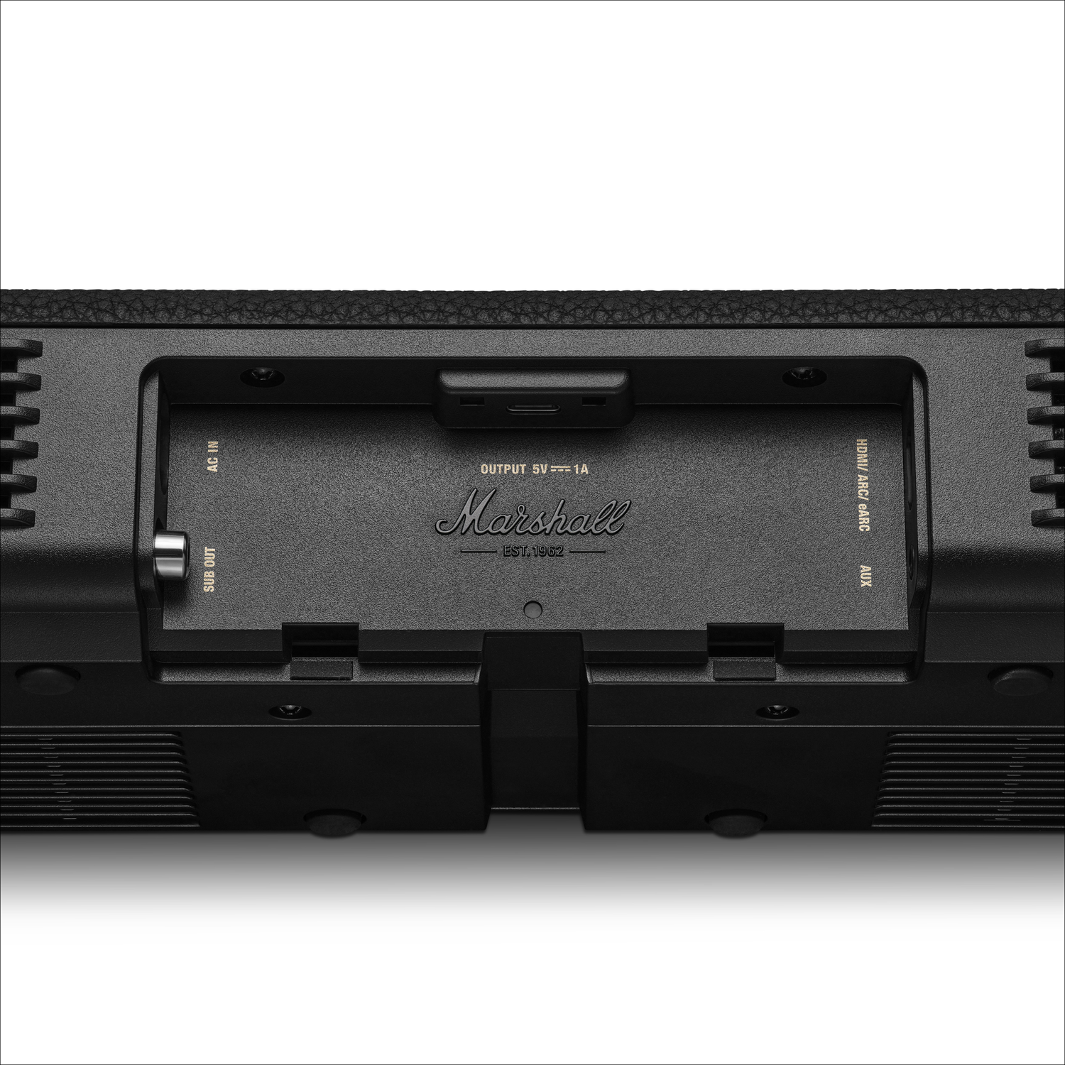 Achterkant van zwarte luidspreker met AC IN, SUB OUT, HDMI/ARC/eARC, AUX poorten en Marshall logo.