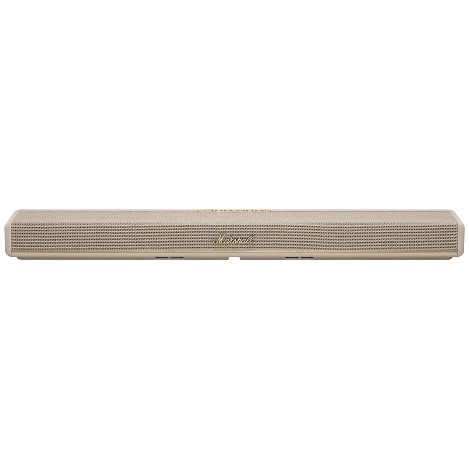 Een beige Marshall luidspreker met een getextureerd rooster en goudkleurig logo op witte achtergrond.