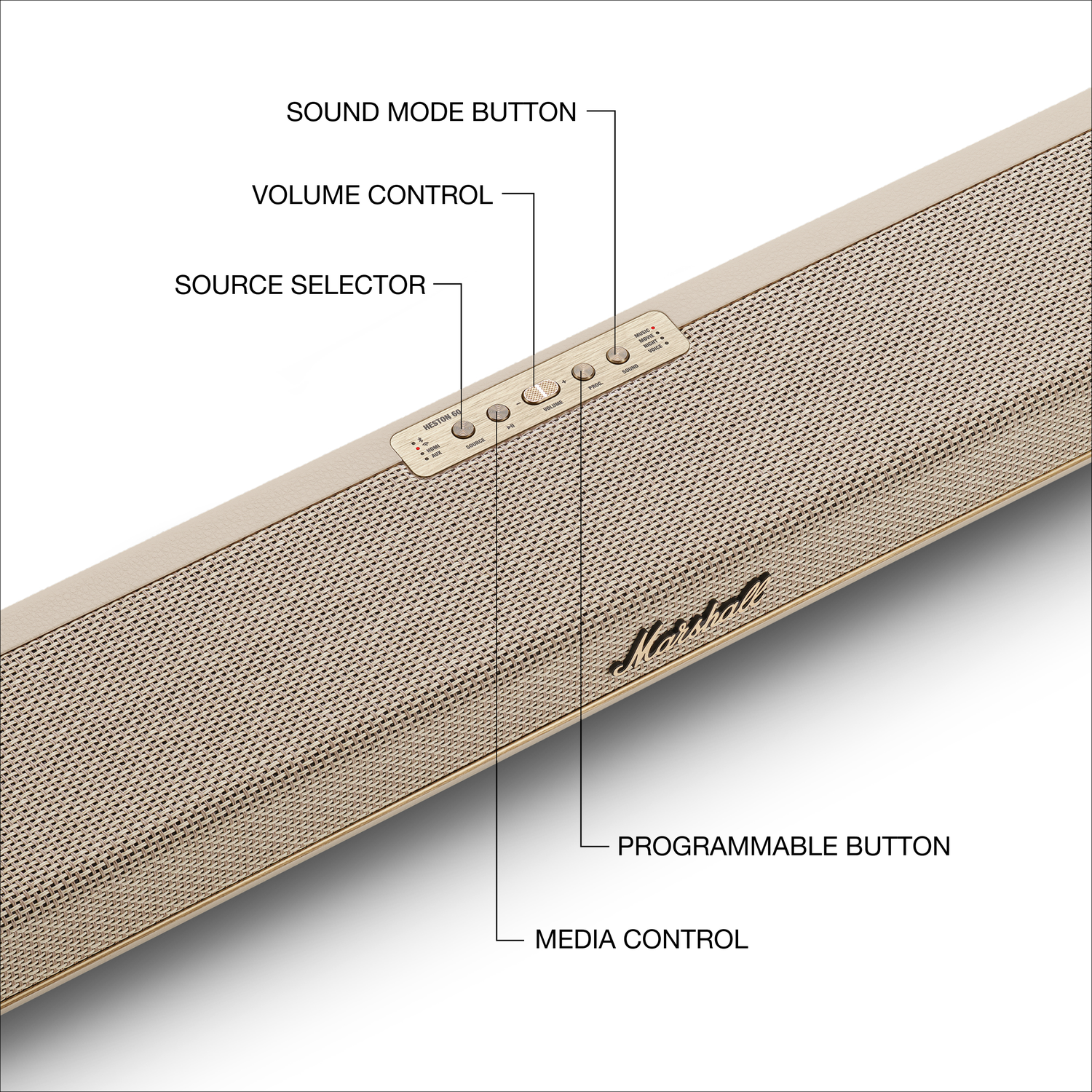 Een Marshall speaker met bedieningselementen: Volume, Bron, Geluidsmodus, Programmeerbare Knop, Mediabediening.