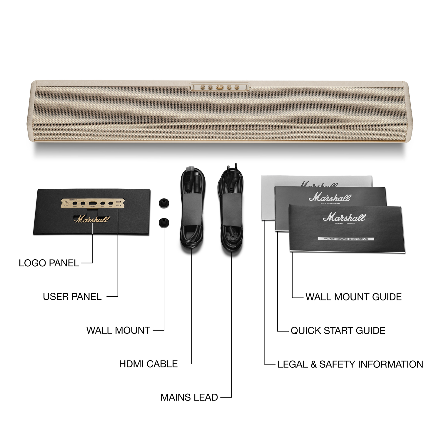 Marshall soundbar met accessoires: bedieningspaneel, kabels, muurbeugel en handleidingen.