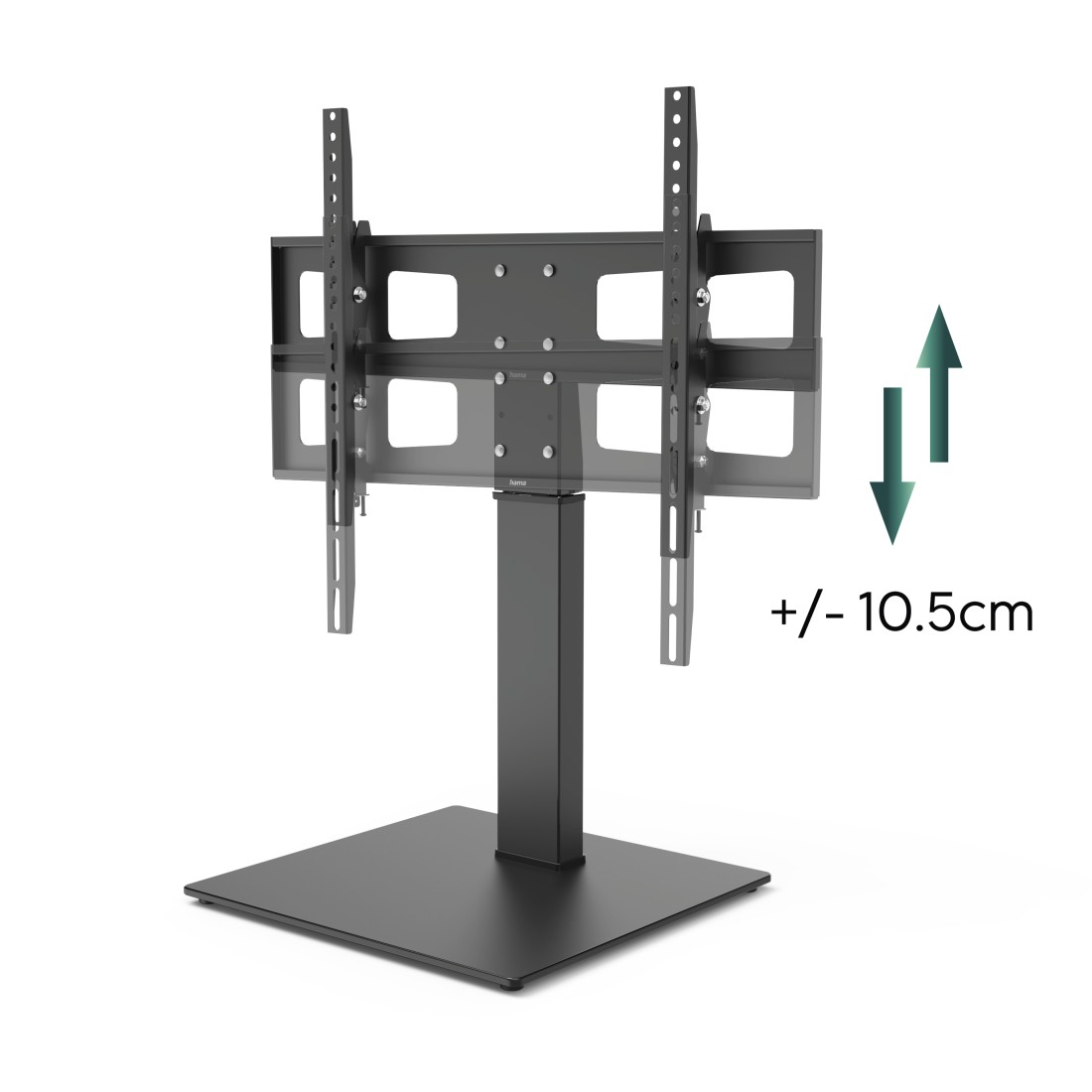 Pied de table noir pour TV avec support réglable et indicateur de hauteur.