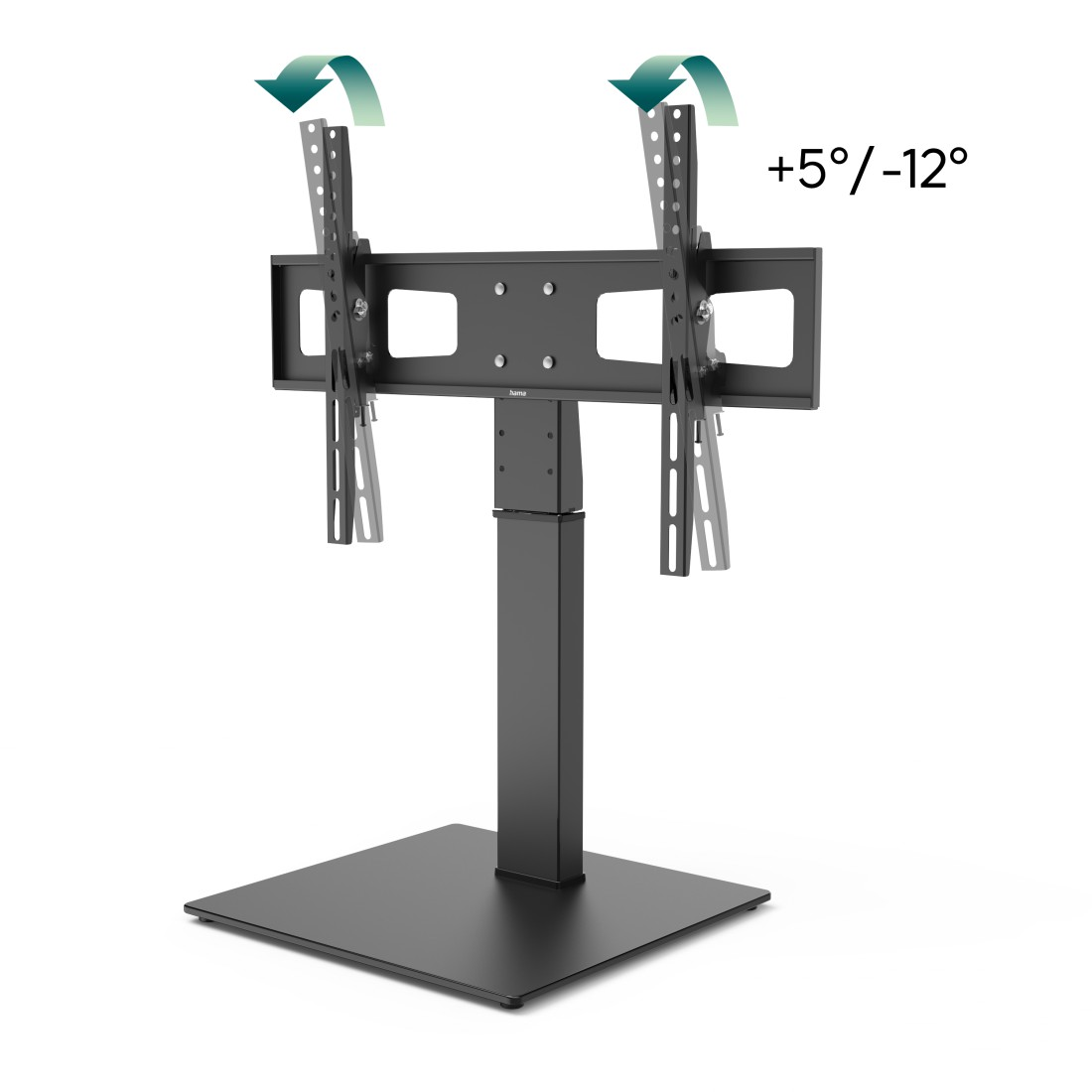 Support de table TV noir avec bras réglables et indication d'inclinaison +5/-12°.