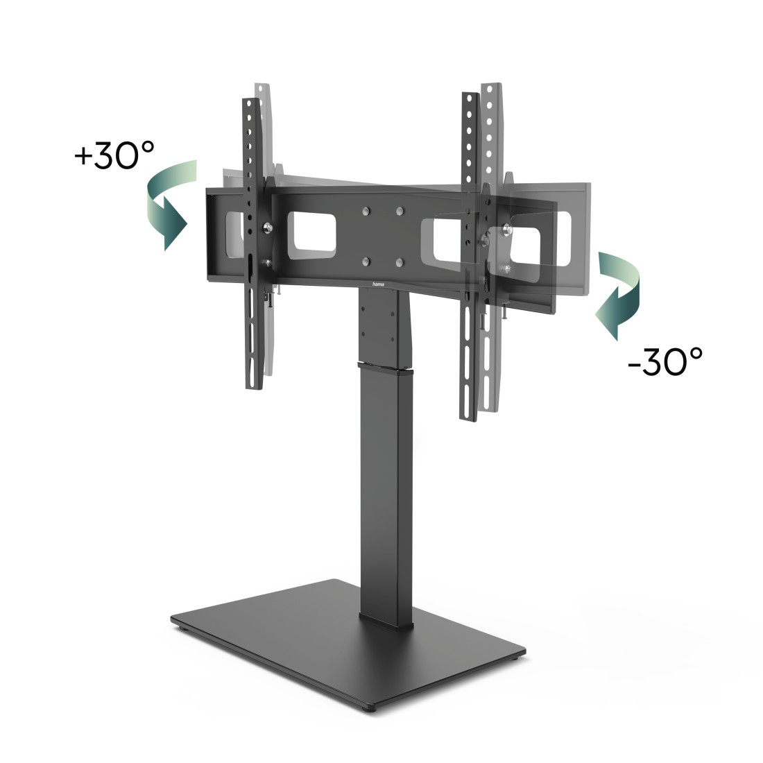 Support TV noir avec bras pivotant, indiquant des angles de +30° et -30°.