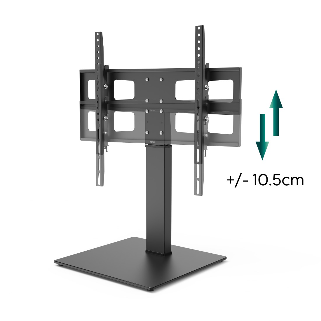 Support TV noir avec support réglable et réglage de hauteur de +/- 10,5 cm.