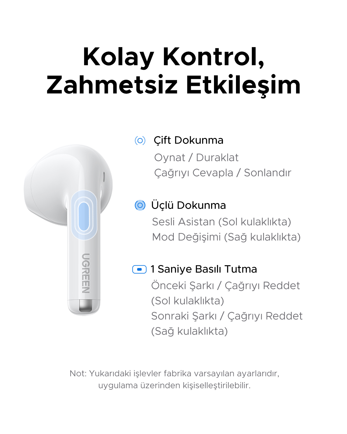 Kontrollü beyaz kulaklıklar: Çift dokunuş, üçlü dokunuş, 1 saniye basılı tutun.