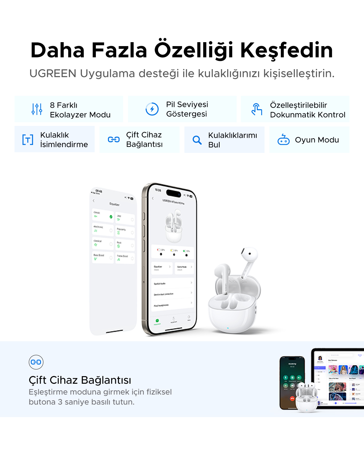 Ekolayzer ayarlarını ve kulaklık ayrıntılarını gösteren uygulama arayüzü.