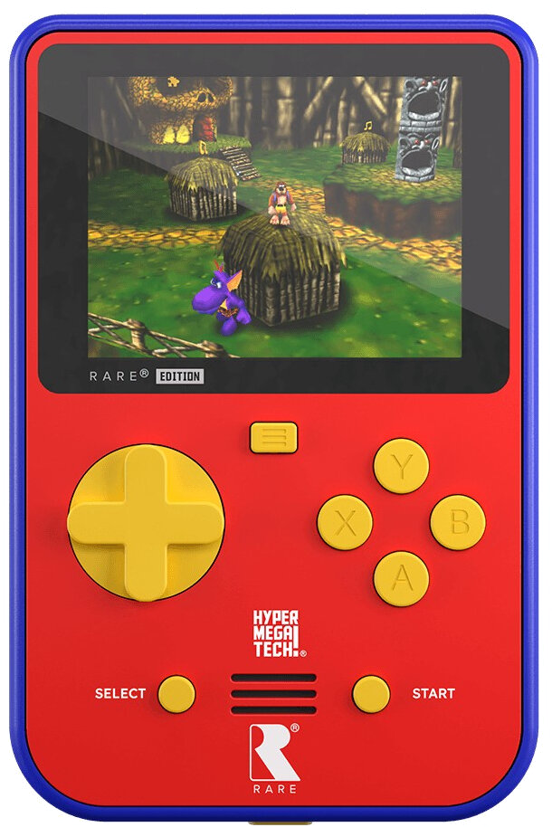 Czerwona przenośna konsola do gier z niebieską ramką. Ekran pokazuje grę wideo z fioletowym smokiem i niedźwiedziem.