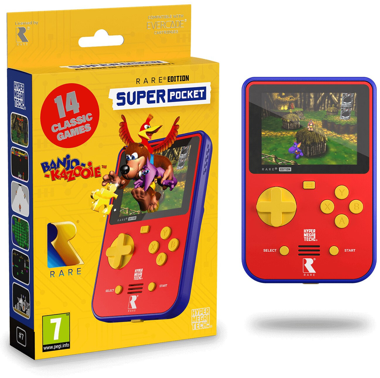 Czerwono-niebieska konsola przenośna z motywem Banjo-Kazooie i pasującym pudełkiem.