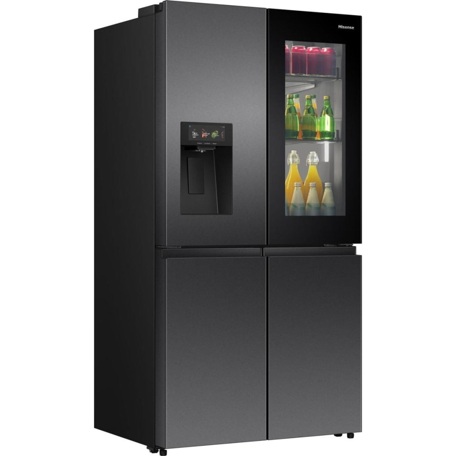 Zwarte koelkast met glazen deur met dranken. Touchscreen op de linker deur.