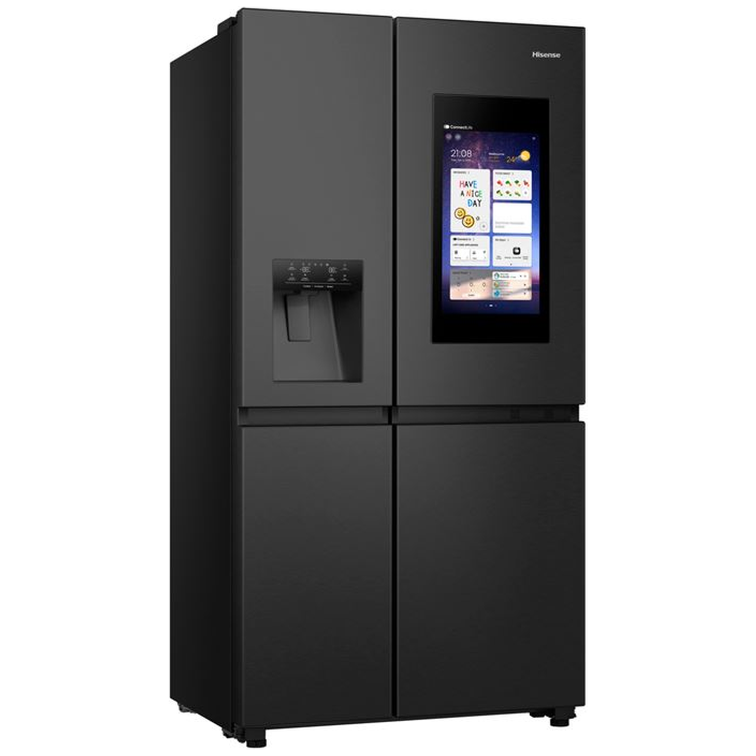 Zwarte Hisense koelkast met touchscreen display waarop 'HAVE A NICE DAY' wordt weergegeven.