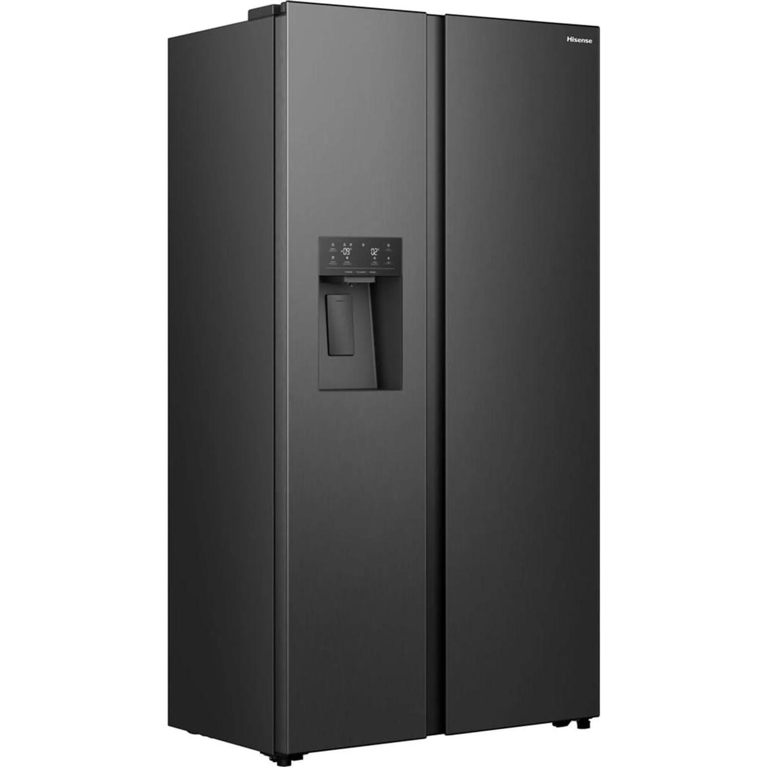Zwarte Hisense koelkast met dubbele deuren en waterdispenser.