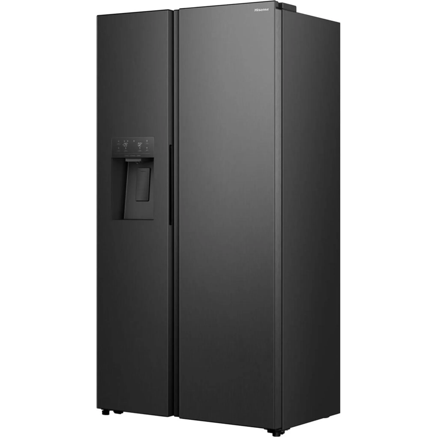 Een zwarte Hisense side-by-side koelkast met waterdispenser.