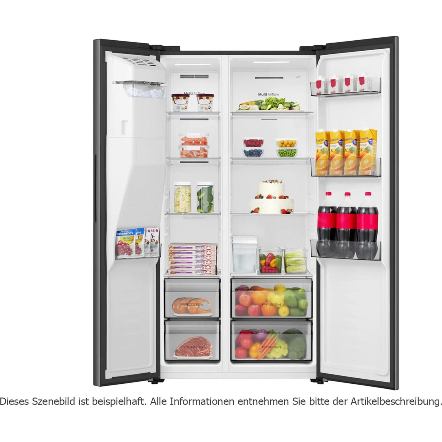 Een open koelkast met ijsmaker, ijs, fruit, groenten, taart en dranken.