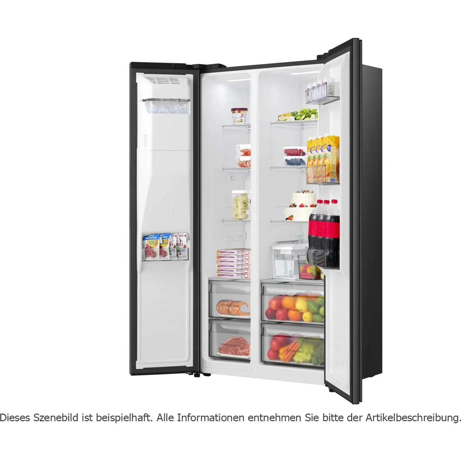 Open zwarte side-by-side koelkast met ijsmaker, dranken, fruit, groenten en vlees.